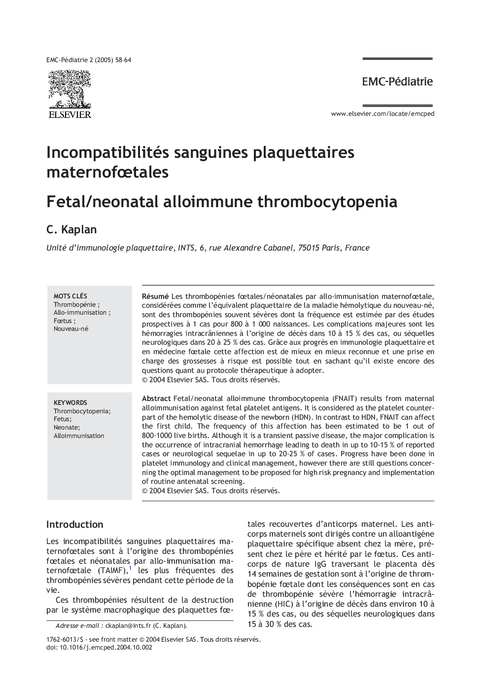 Incompatibilités sanguines plaquettaires maternofÅtales