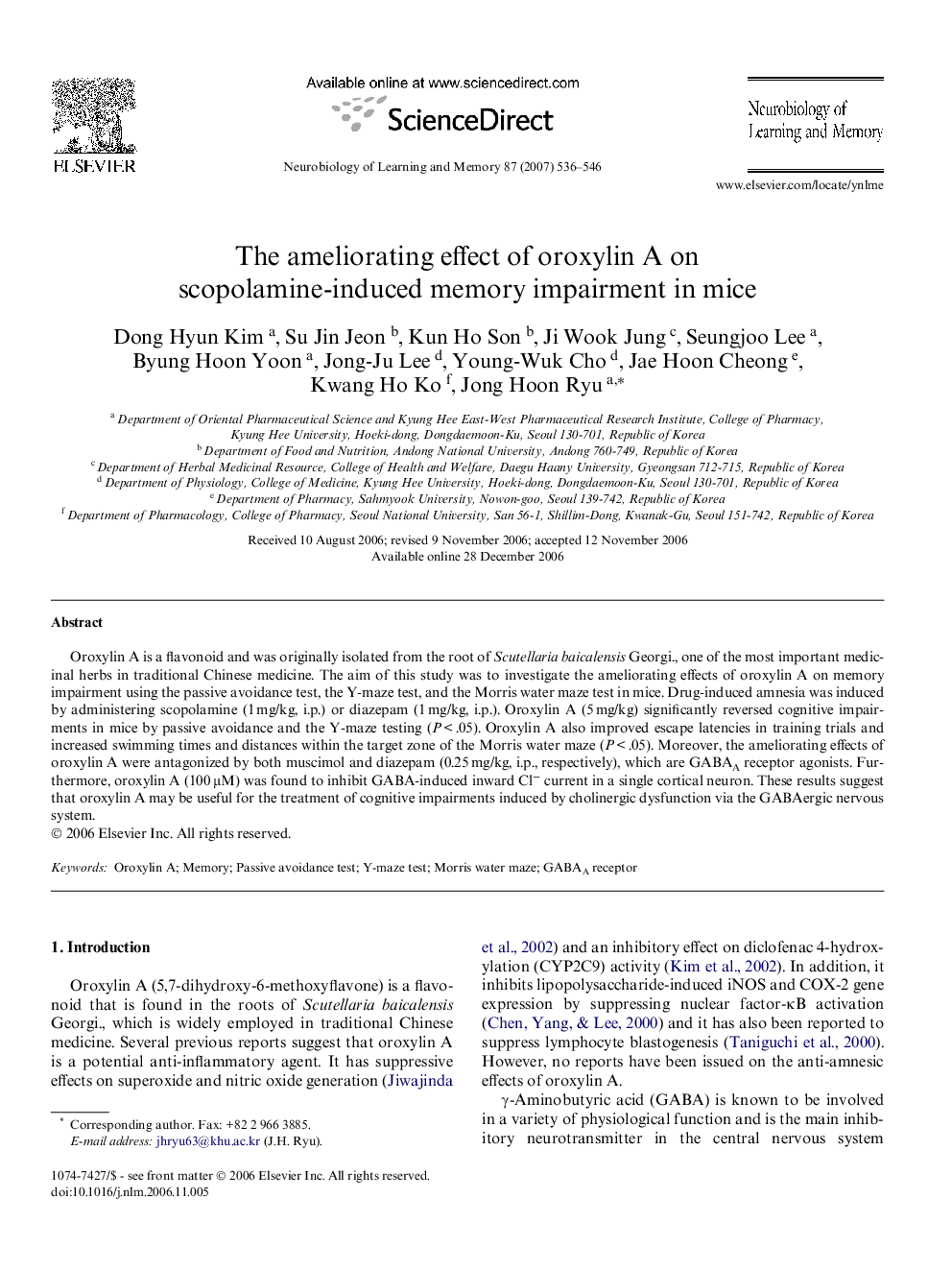 The ameliorating effect of oroxylin A on scopolamine-induced memory impairment in mice