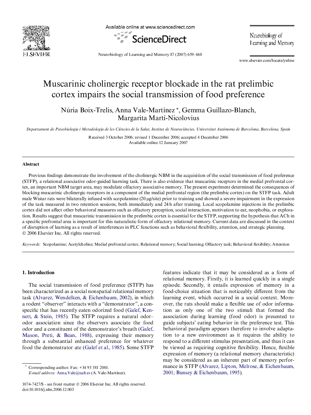 عکس صفحه اول مقاله: Muscarinic cholinergic receptor blockade in the rat prelimbic cortex impairs the social transmission of food preference Muscarinic cholinergic receptor blockade in the rat prelimbic cortex impairs the social transmission of food preference