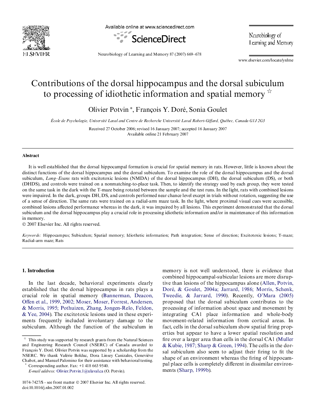 Contributions of the dorsal hippocampus and the dorsal subiculum to processing of idiothetic information and spatial memory 