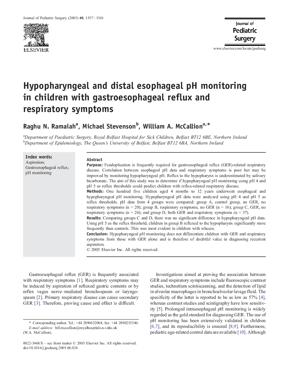 Hypopharyngeal and distal esophageal pH monitoring in children with gastroesophageal reflux and respiratory symptoms