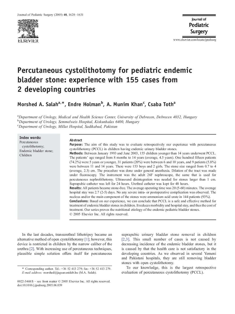 عکس صفحه اول مقاله: Percutaneous cystolithotomy for pediatric endemic bladder stone: experience with 155 cases from 2 developing countries Percutaneous cystolithotomy for pediatric endemic bladder stone: experience with 155 cases from 2 developing countries