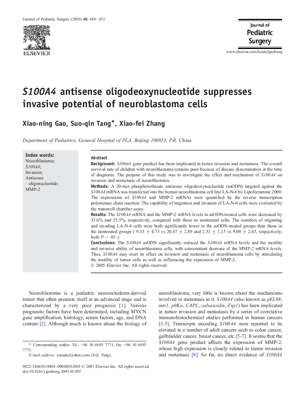 S100A4 antisense oligodeoxynucleotide suppresses invasive potential of neuroblastoma cells