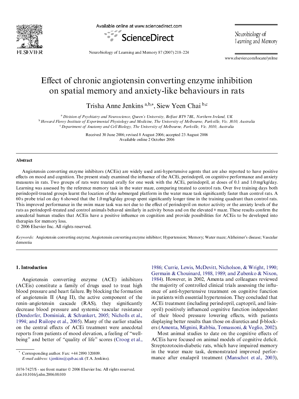 Effect of chronic angiotensin converting enzyme inhibition on spatial memory and anxiety-like behaviours in rats