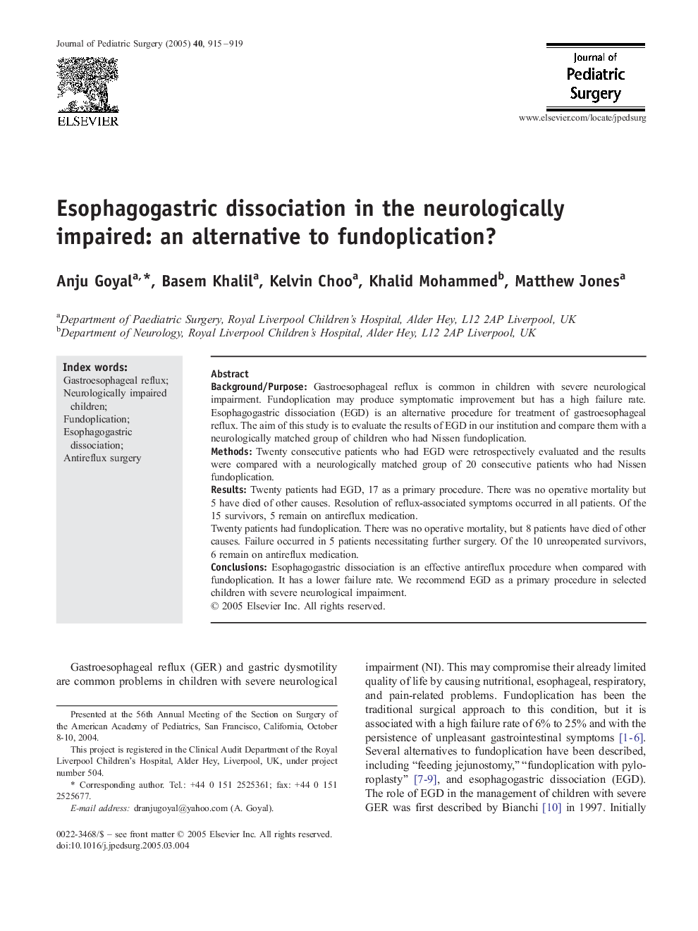 Esophagogastric dissociation in the neurologically impaired: an alternative to fundoplication?