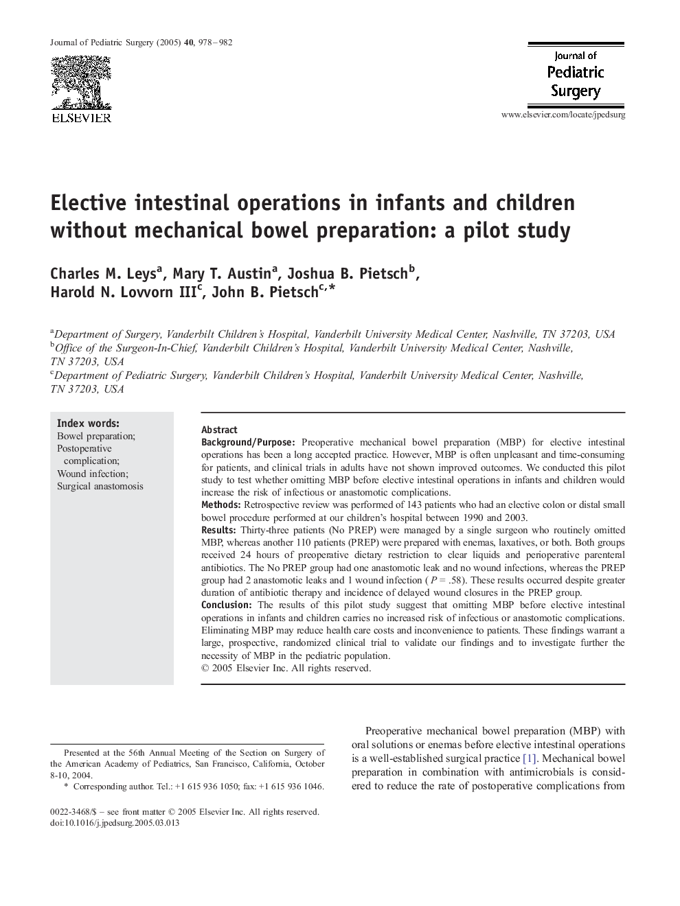 Elective intestinal operations in infants and children without mechanical bowel preparation: a pilot study