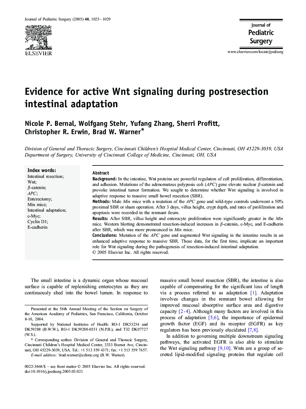 Evidence for active Wnt signaling during postresection intestinal adaptation