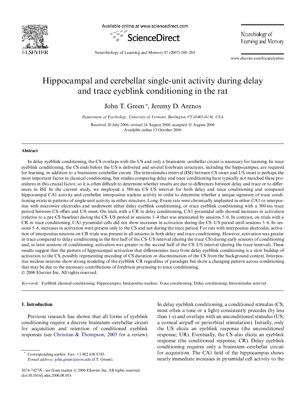 Hippocampal and cerebellar single-unit activity during delay and trace eyeblink conditioning in the rat