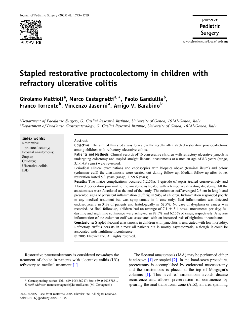 Stapled restorative proctocolectomy in children with refractory ulcerative colitis