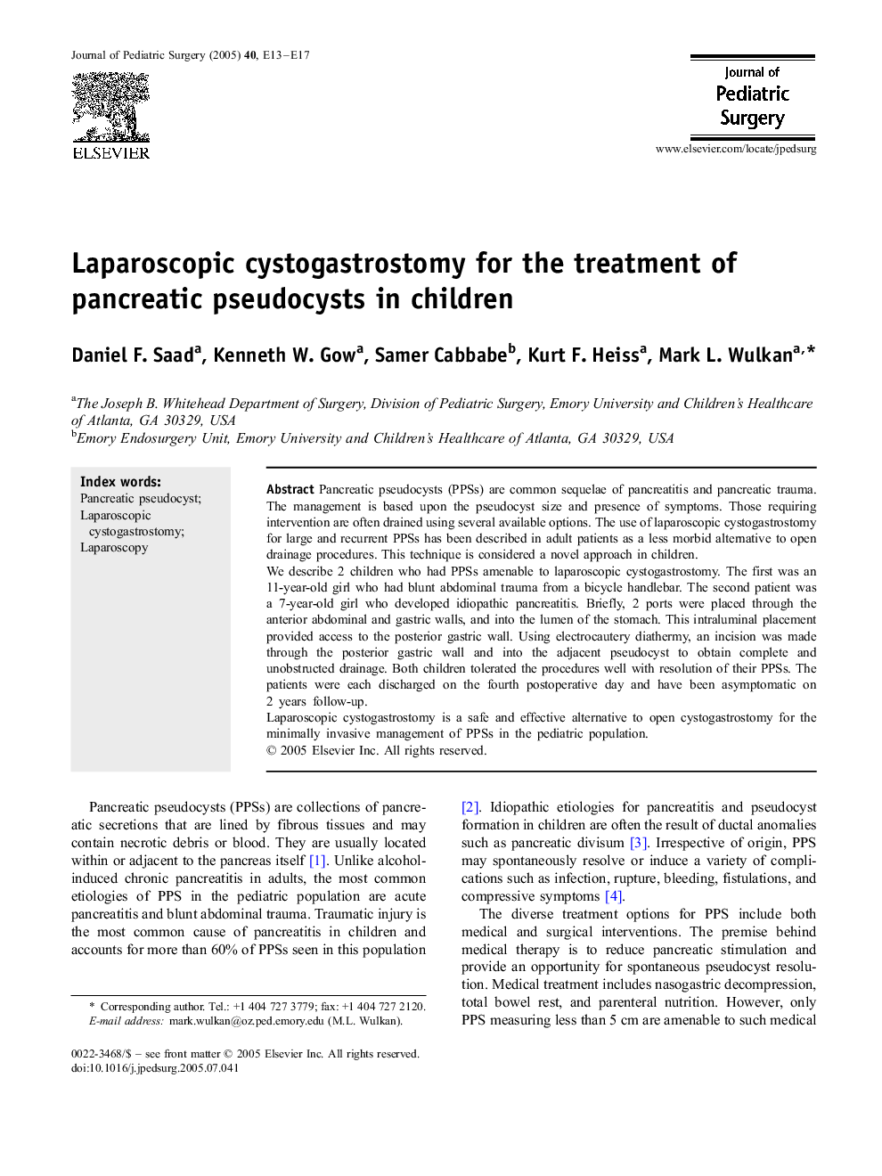 Laparoscopic cystogastrostomy for the treatment of pancreatic pseudocysts in children