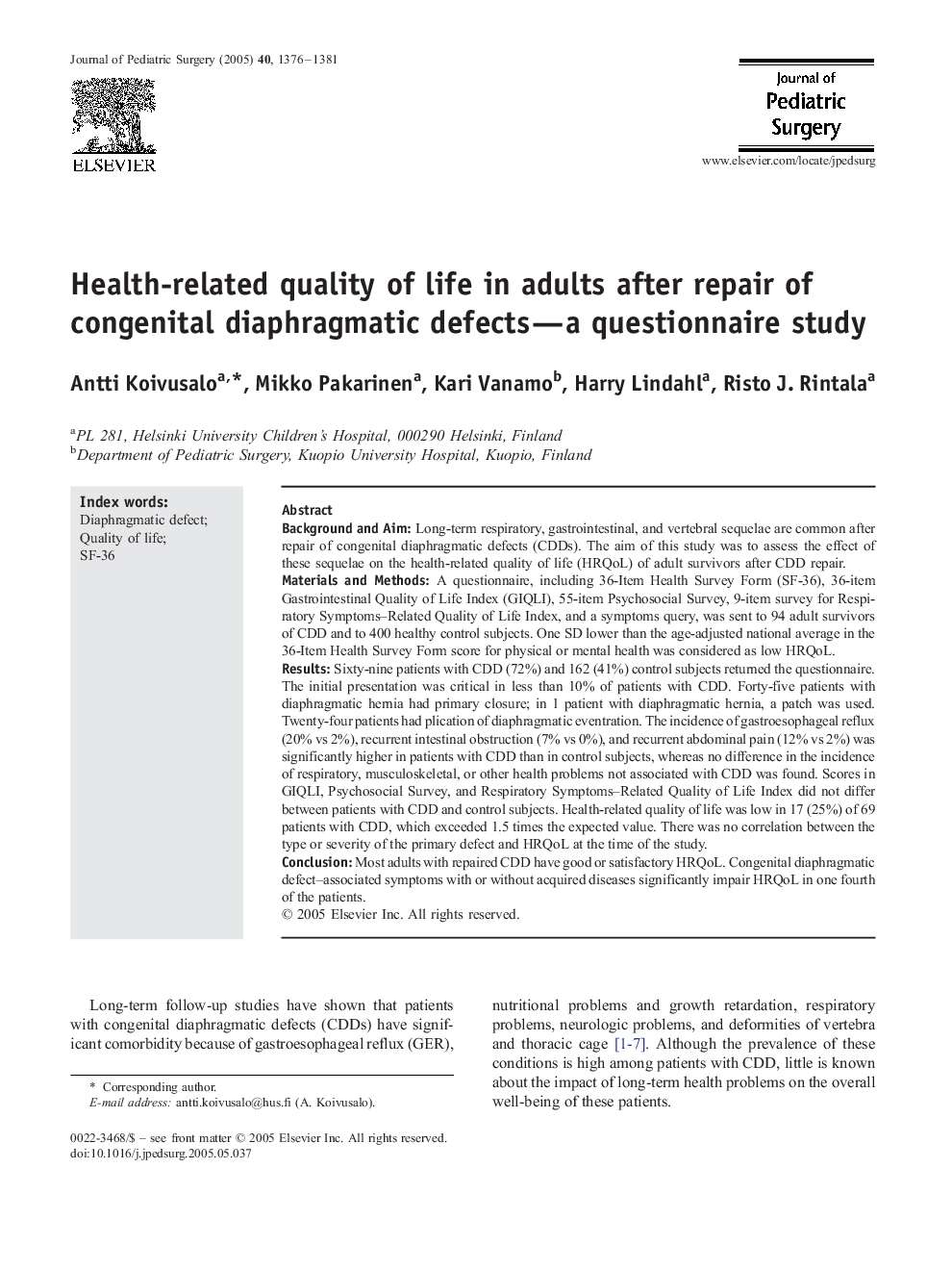 Health-related quality of life in adults after repair of congenital diaphragmatic defects-a questionnaire study