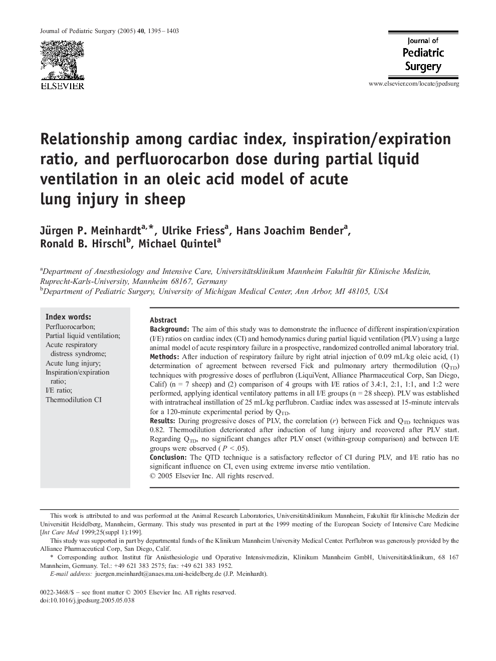 Relationship among cardiac index, inspiration/expiration ratio, and perfluorocarbon dose during partial liquid ventilation in an oleic acid model of acute lung injury in sheep