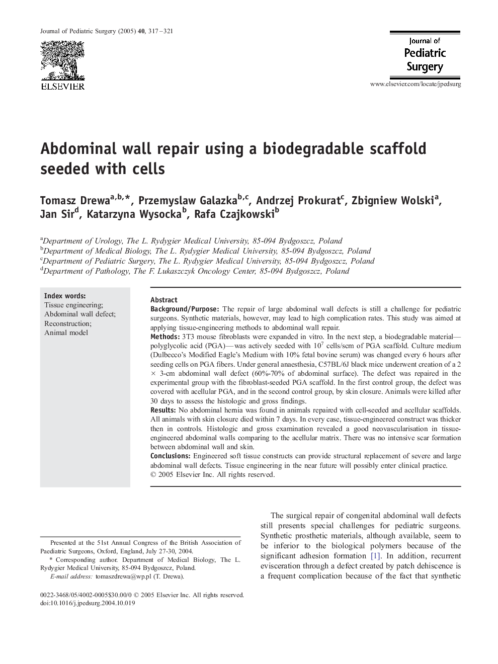 Abdominal wall repair using a biodegradable scaffold seeded with cells