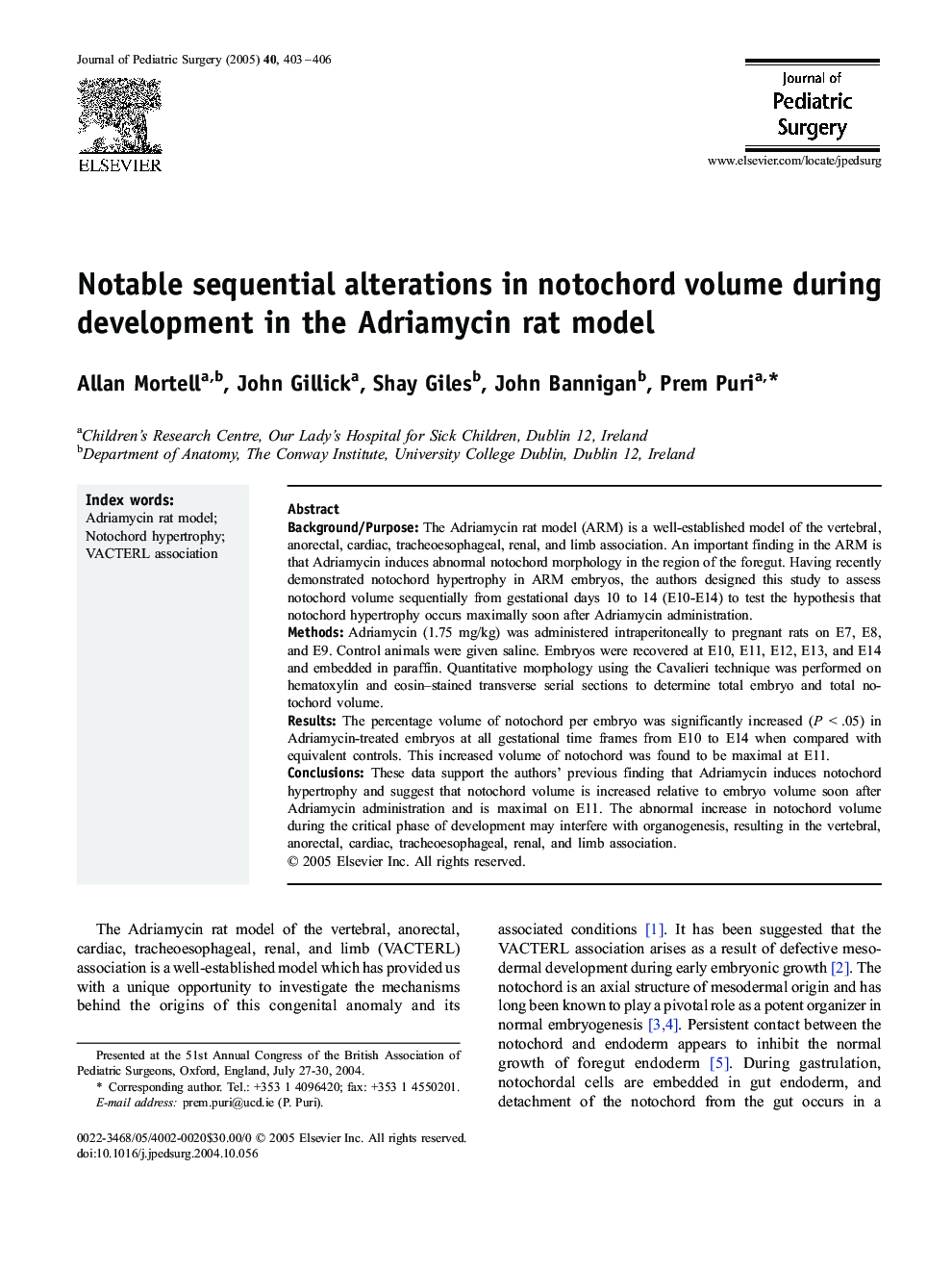 Notable sequential alterations in notochord volume during development in the Adriamycin rat model