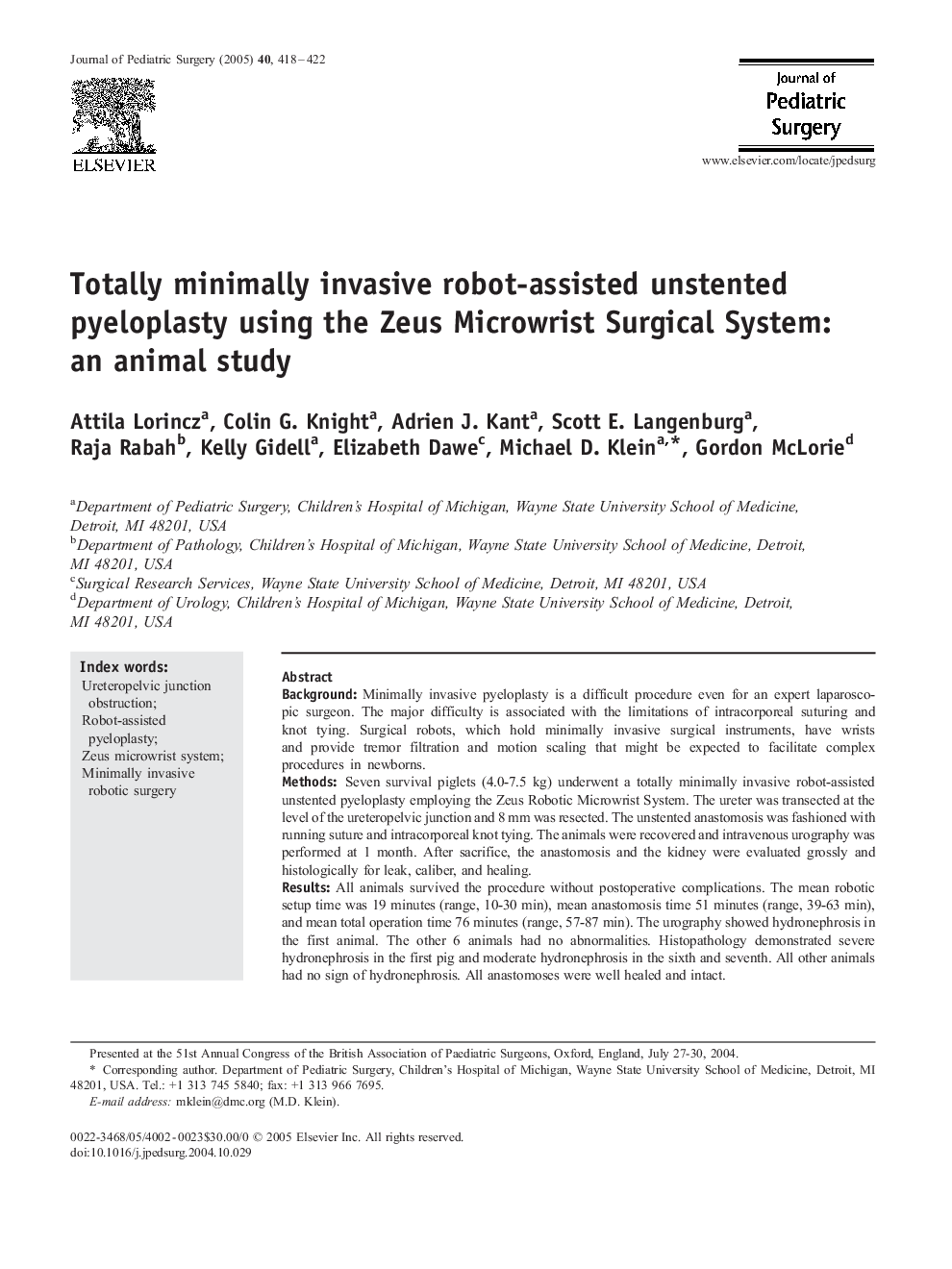 Totally minimally invasive robot-assisted unstented pyeloplasty using the Zeus Microwrist Surgical System: an animal study