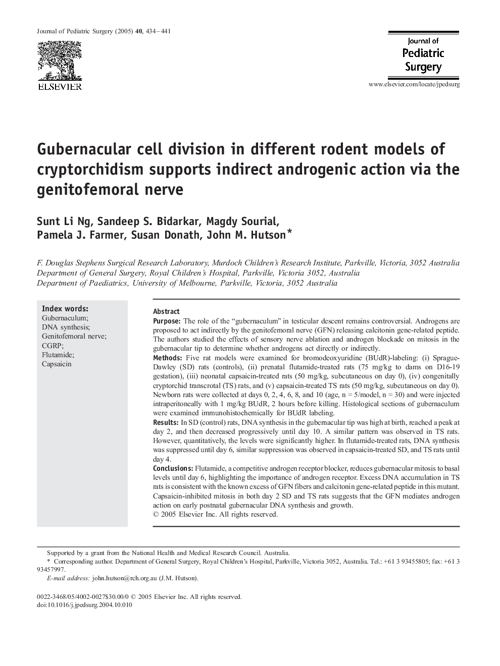 Gubernacular cell division in different rodent models of cryptorchidism supports indirect androgenic action via the genitofemoral nerve