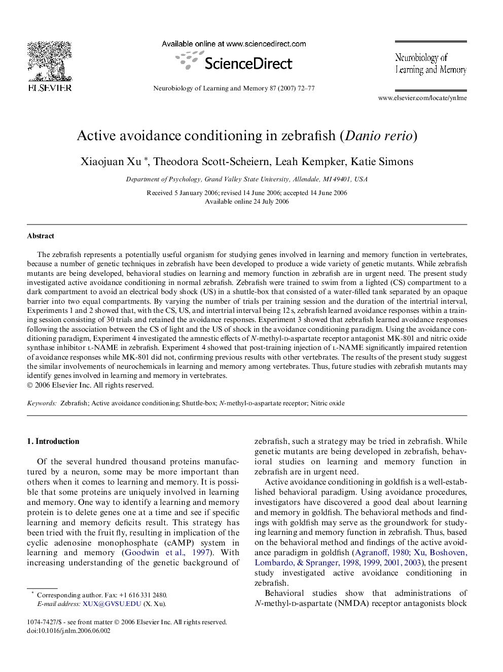 Active avoidance conditioning in zebrafish (Danio rerio)