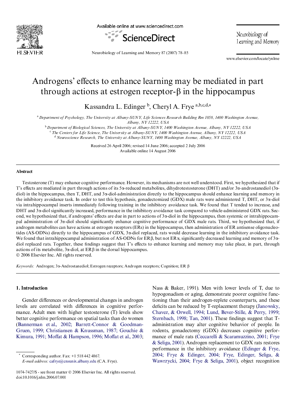 Androgens’ effects to enhance learning may be mediated in part through actions at estrogen receptor-β in the hippocampus