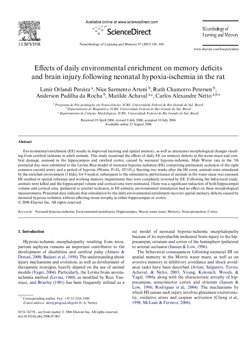 Effects of daily environmental enrichment on memory deficits and brain injury following neonatal hypoxia-ischemia in the rat