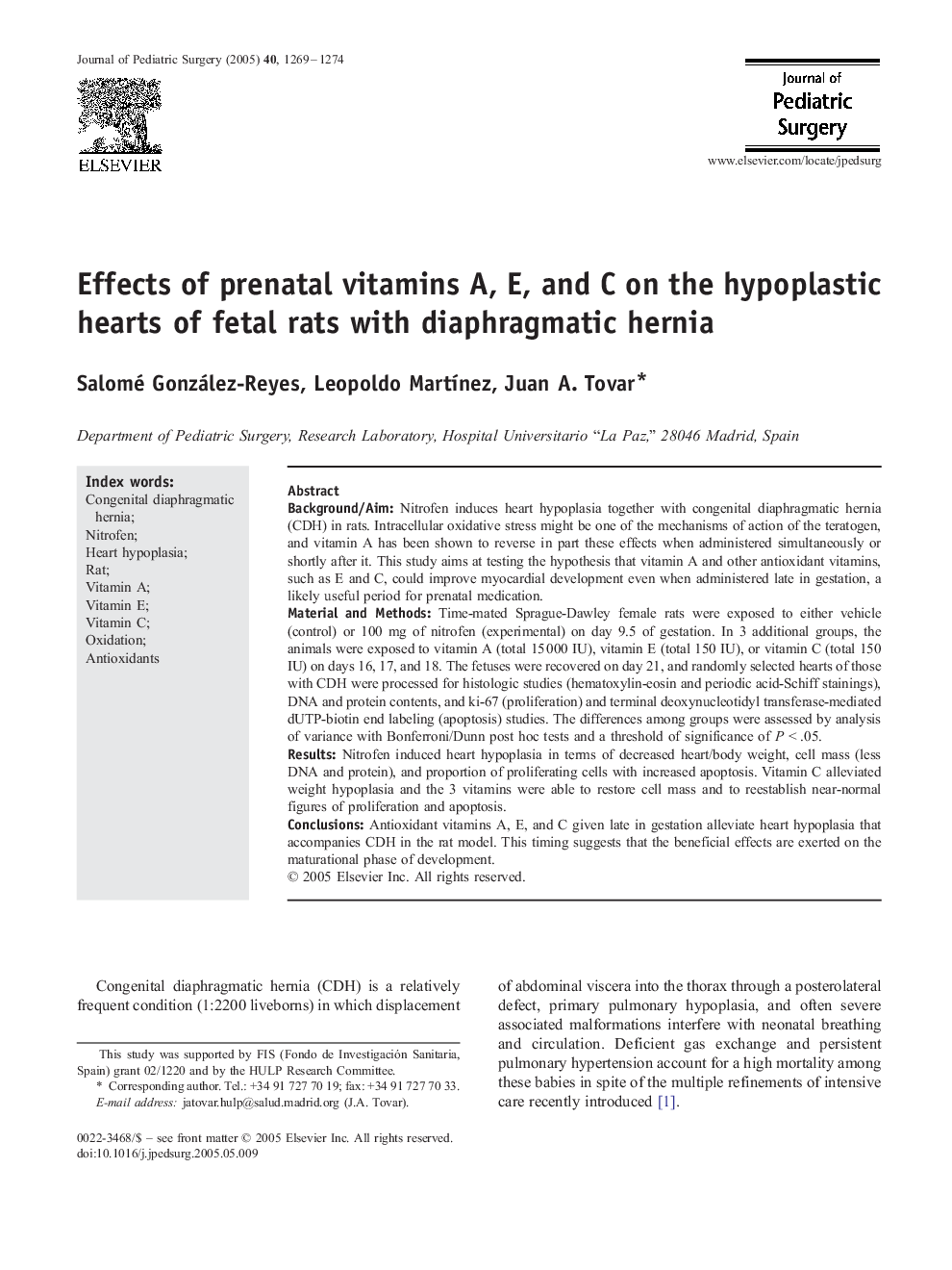 Effects of prenatal vitamins A, E, and C on the hypoplastic hearts of fetal rats with diaphragmatic hernia