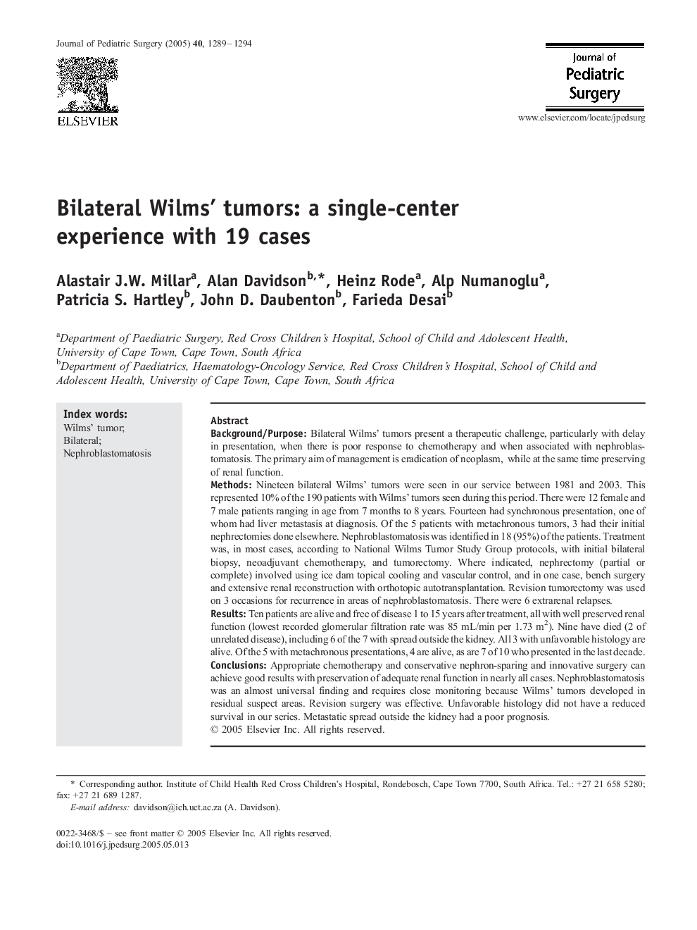 Bilateral Wilms' tumors: a single-center experience with 19 cases