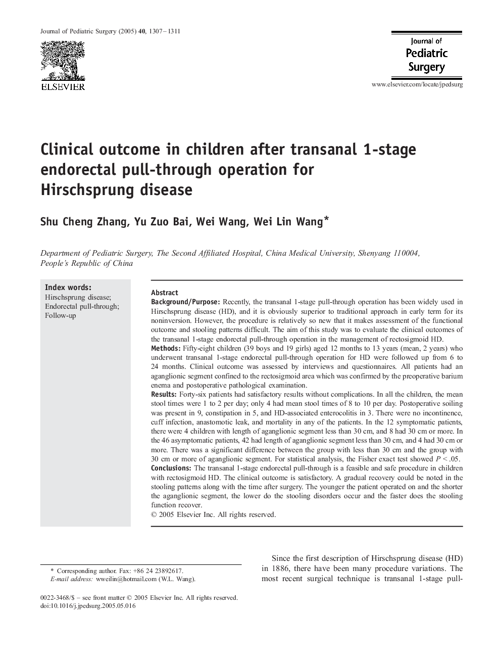 Clinical outcome in children after transanal 1-stage endorectal pull-through operation for Hirschsprung disease