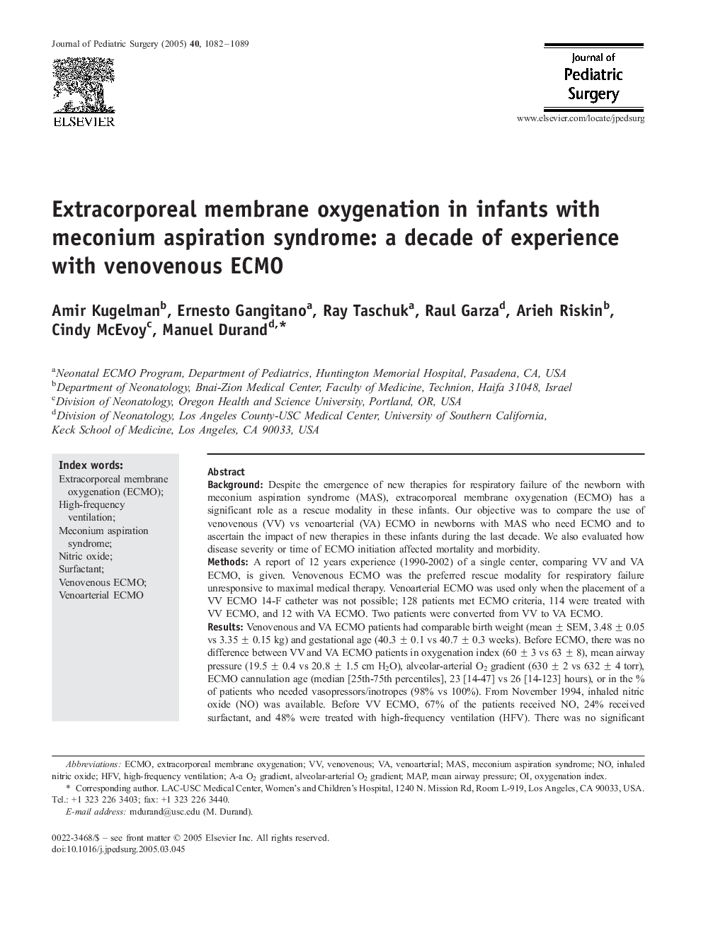 Extracorporeal membrane oxygenation in infants with meconium aspiration syndrome: a decade of experience with venovenous ECMO