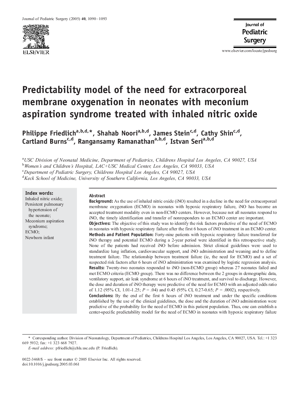 Predictability model of the need for extracorporeal membrane oxygenation in neonates with meconium aspiration syndrome treated with inhaled nitric oxide