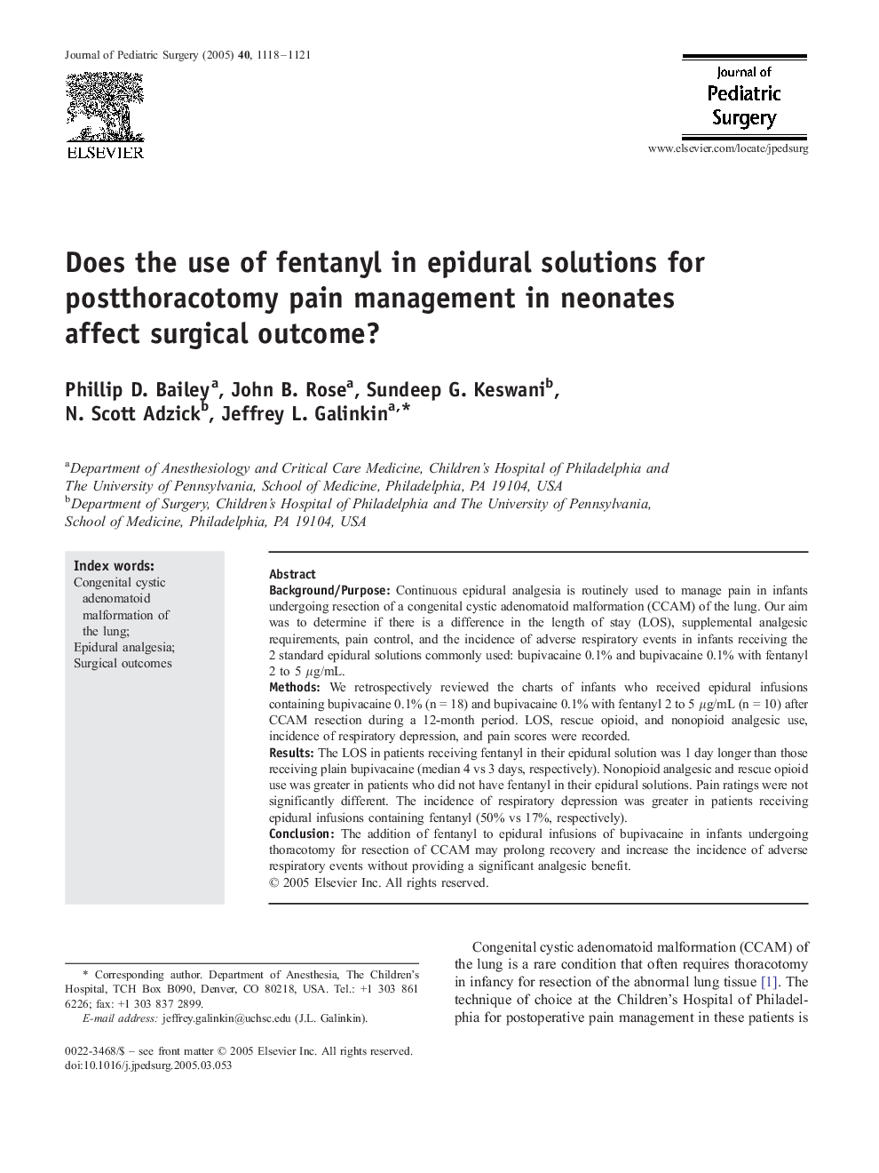 Does the use of fentanyl in epidural solutions for postthoracotomy pain management in neonates affect surgical outcome?