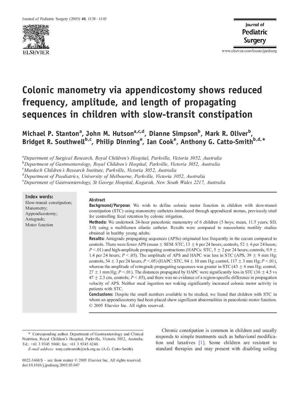 Colonic manometry via appendicostomy shows reduced frequency, amplitude, and length of propagating sequences in children with slow-transit constipation