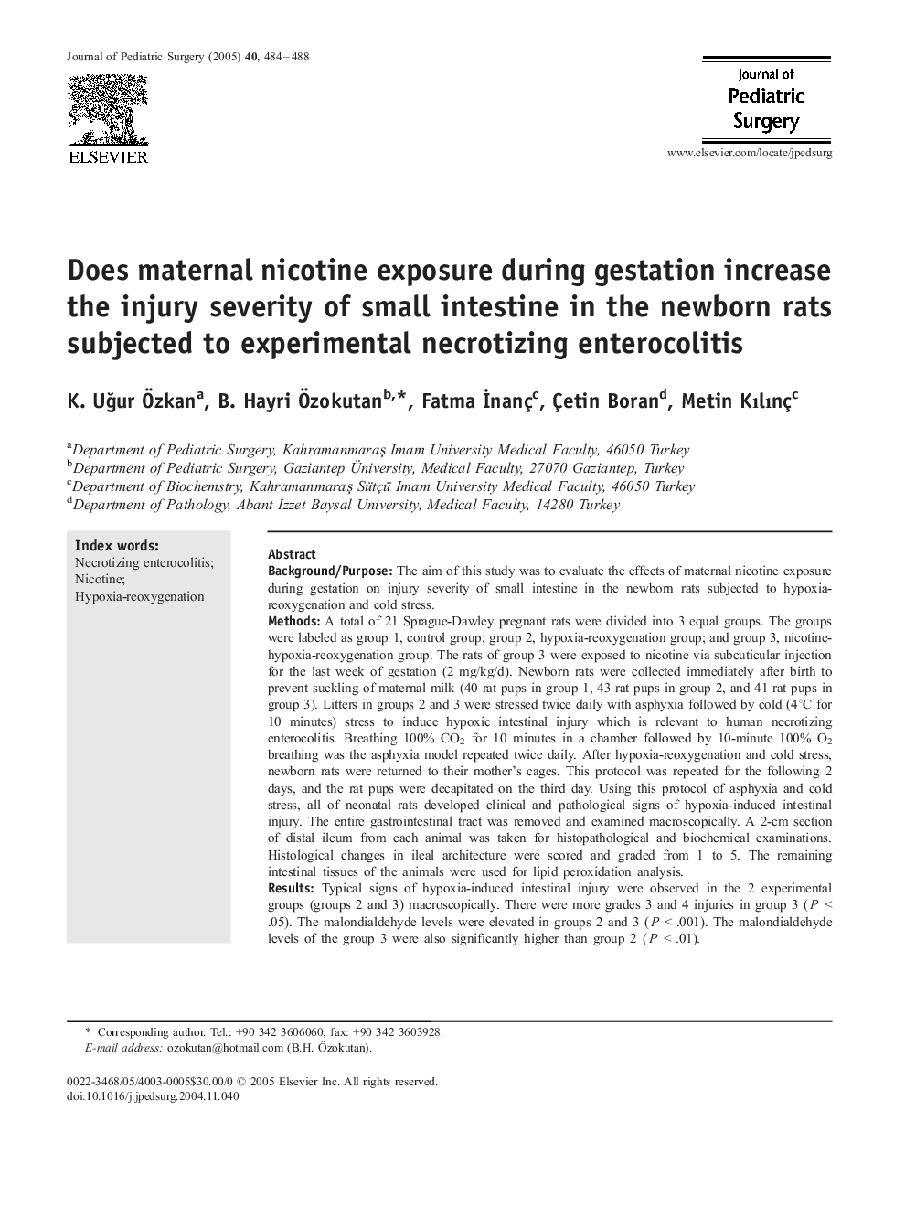 Does maternal nicotine exposure during gestation increase the injury severity of small intestine in the newborn rats subjected to experimental necrotizing enterocolitis