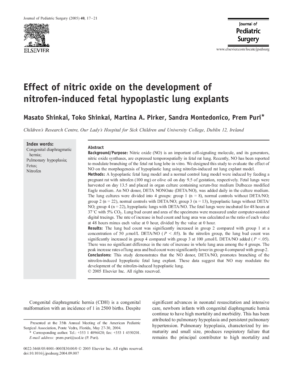 Effect of nitric oxide on the development of nitrofen-induced fetal hypoplastic lung explants