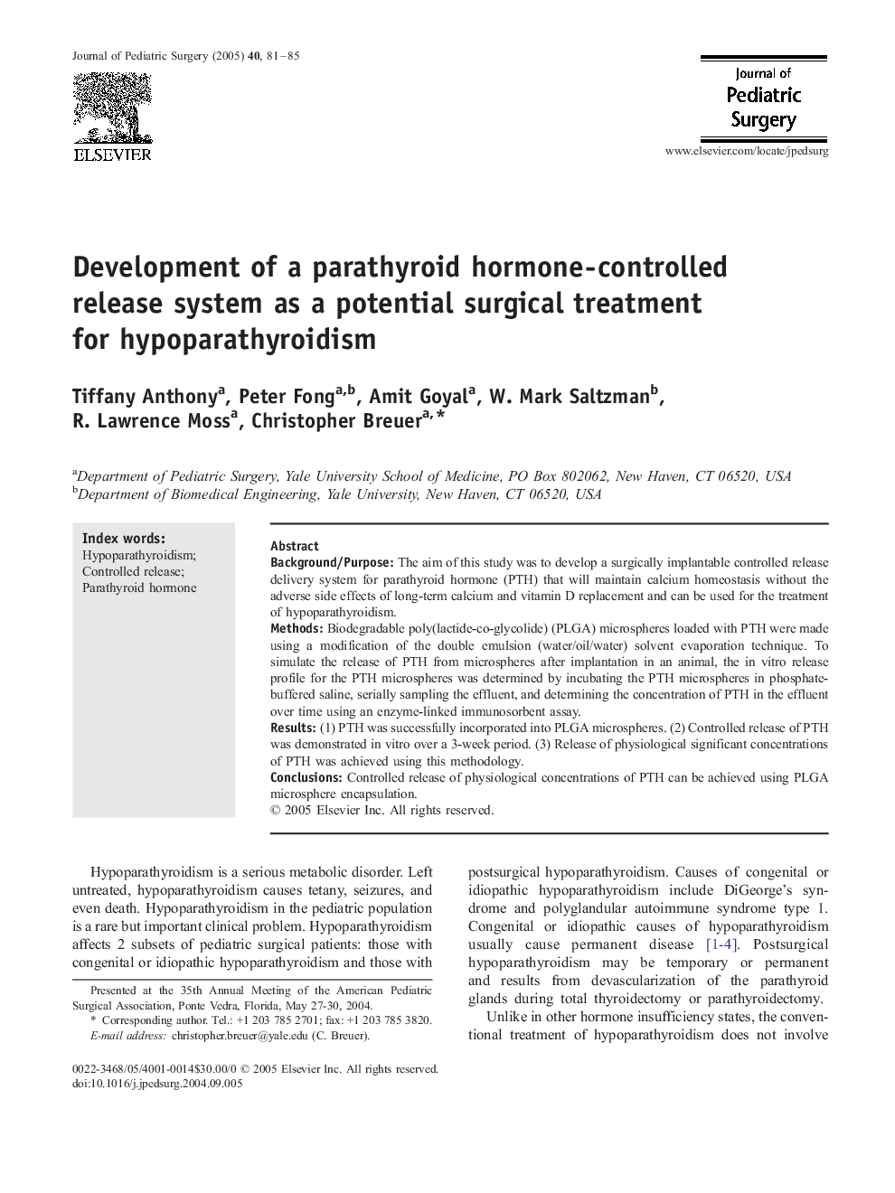 Development of a parathyroid hormone-controlled release system as a potential surgical treatment for hypoparathyroidism