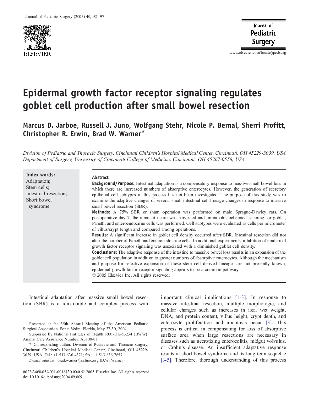 Epidermal growth factor receptor signaling regulates goblet cell production after small bowel resection