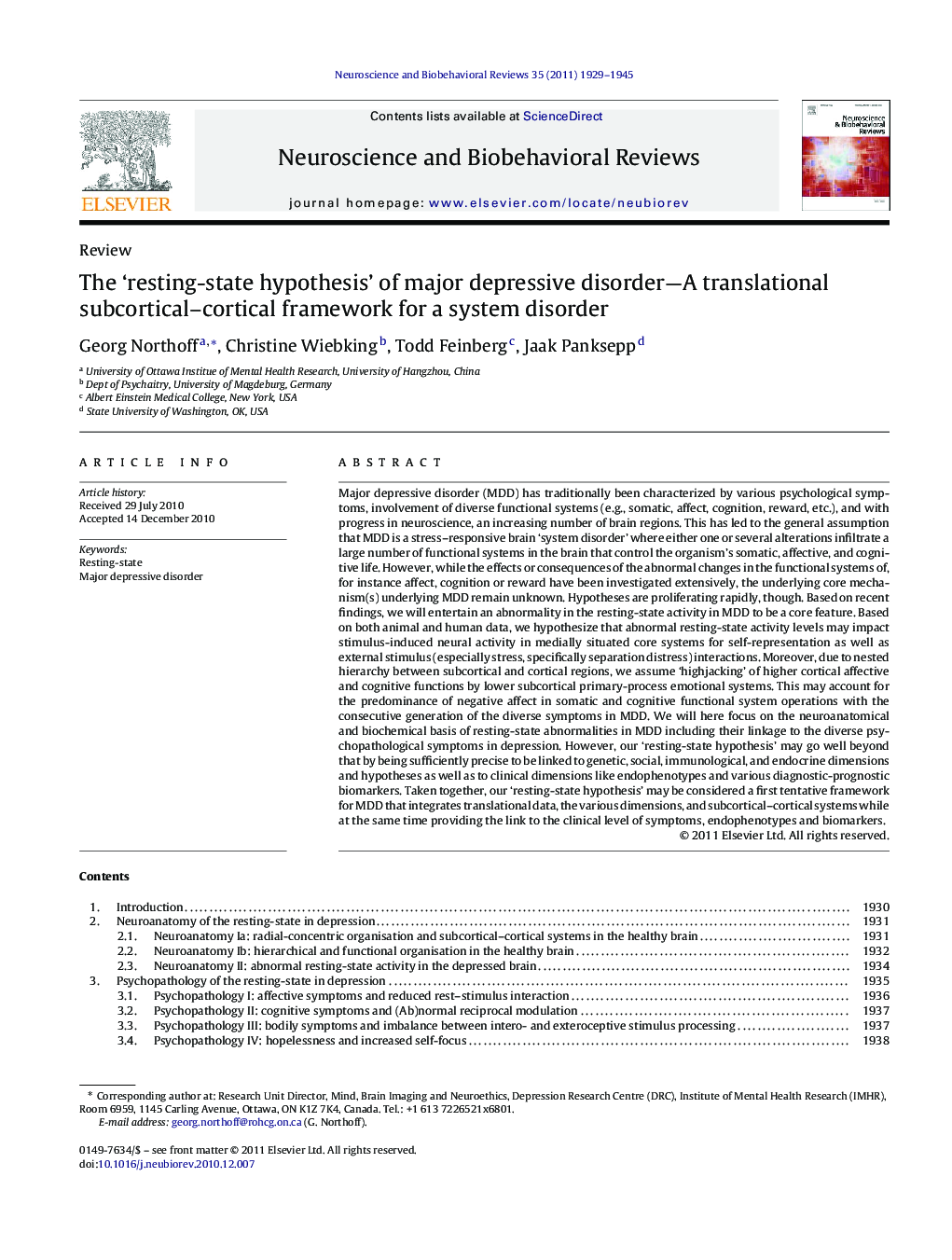 The ‘resting-state hypothesis’ of major depressive disorder—A translational subcortical–cortical framework for a system disorder