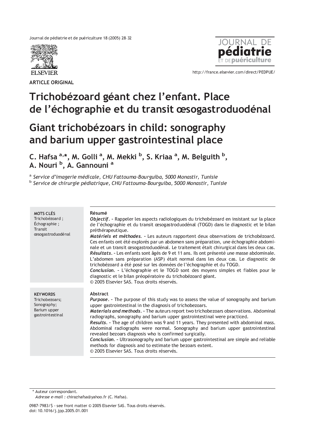 Trichobézoard géant chez l'enfant. Place de l'échographie et du transit Åsogastroduodénal