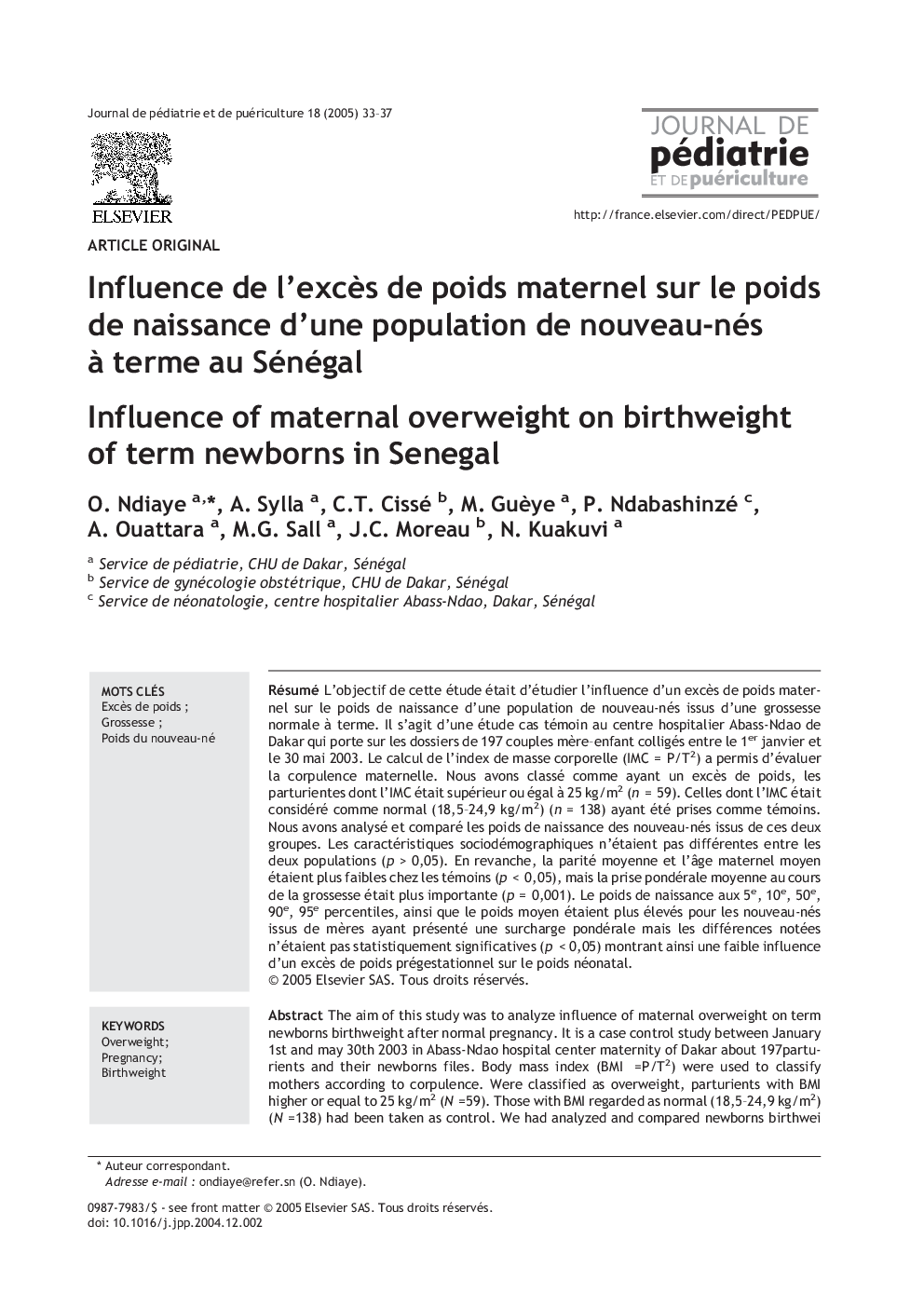 Influence de l'excÃ¨s de poids maternel sur le poids de naissance d'une population de nouveau-nés Ã  terme au Sénégal