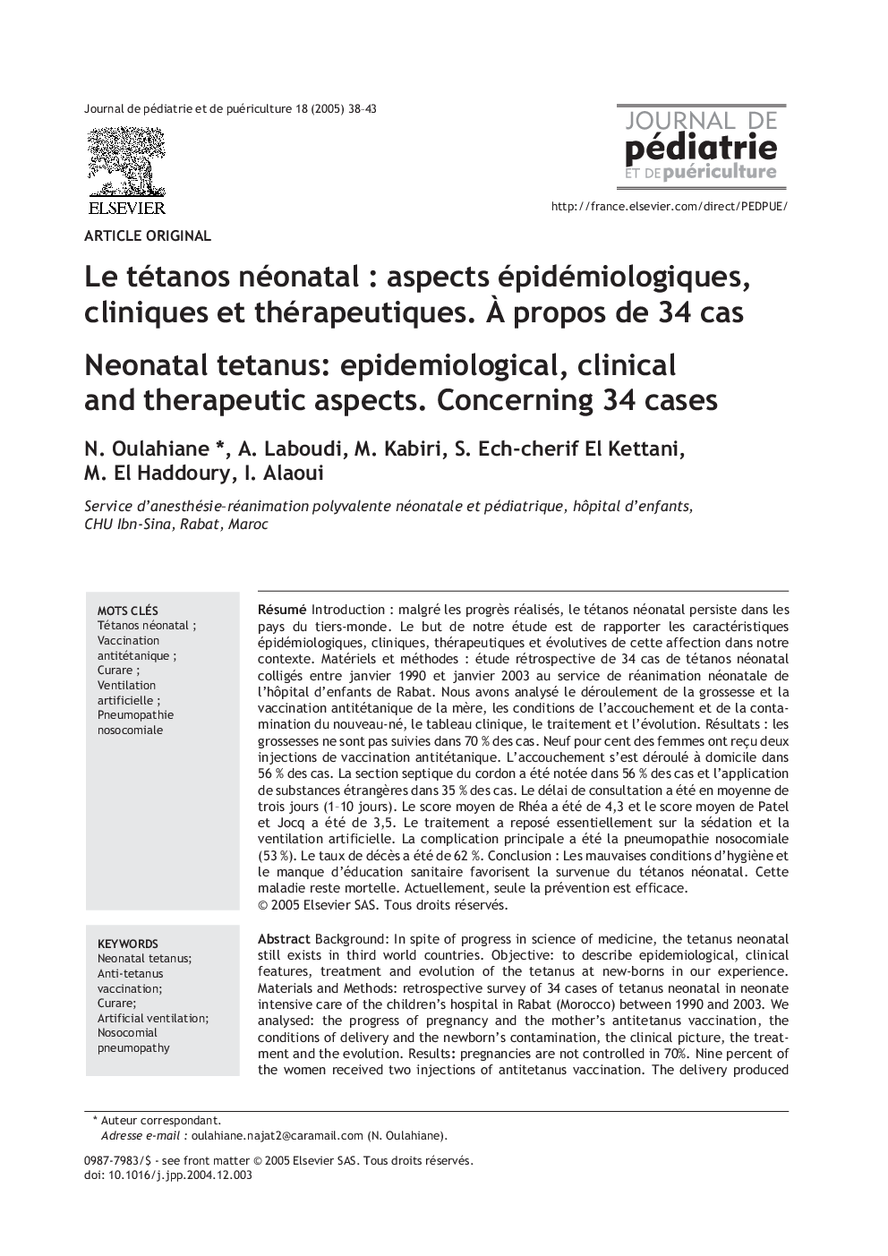 Le tétanos néonatal : aspects épidémiologiques, cliniques et thérapeutiques. Ã propos de 34 cas