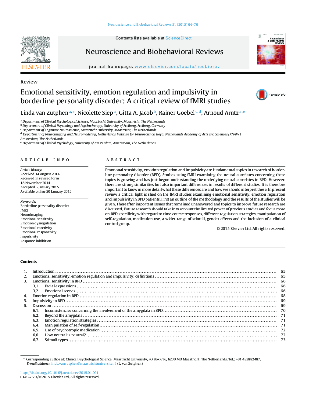 Emotional sensitivity, emotion regulation and impulsivity in borderline personality disorder: A critical review of fMRI studies