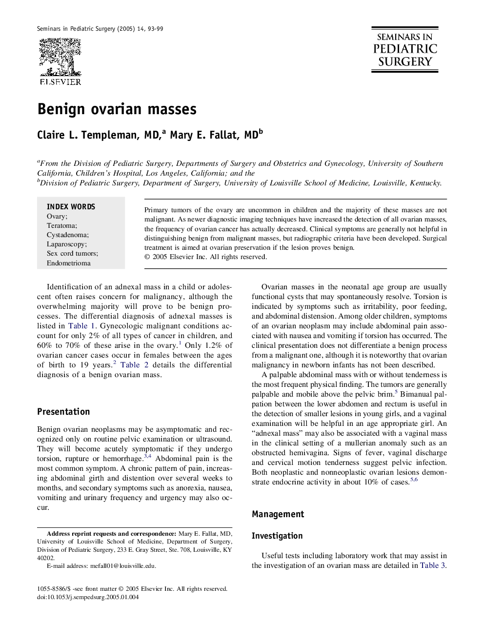 Benign ovarian masses