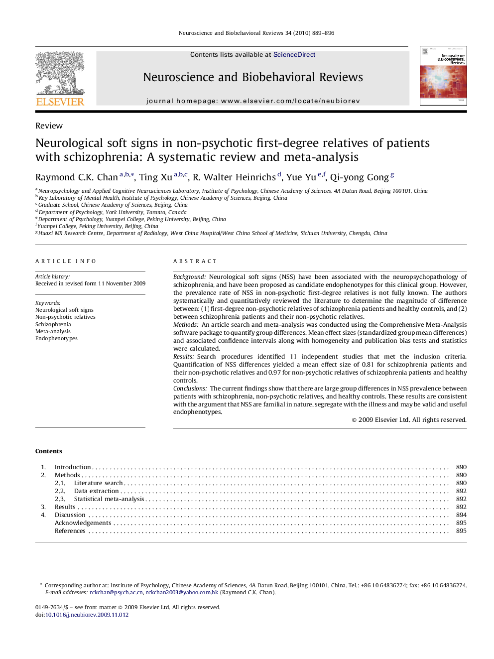 Neurological soft signs in non-psychotic first-degree relatives of patients with schizophrenia: A systematic review and meta-analysis