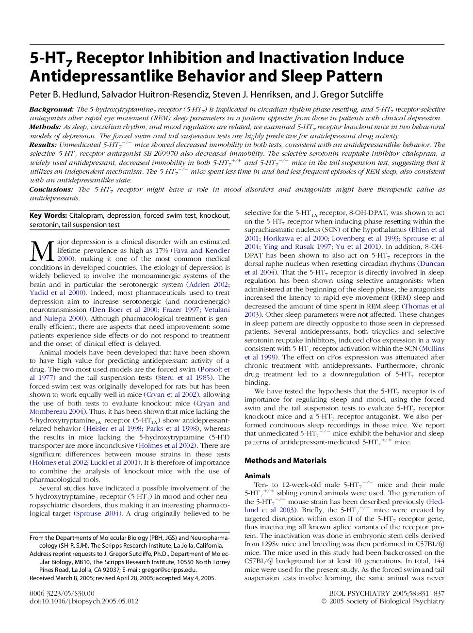 5-HT7 Receptor Inhibition and Inactivation Induce Antidepressantlike Behavior and Sleep Pattern