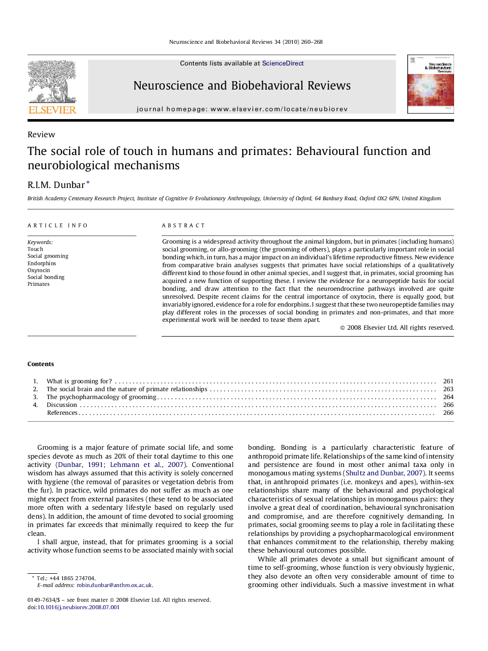 The social role of touch in humans and primates: Behavioural function and neurobiological mechanisms