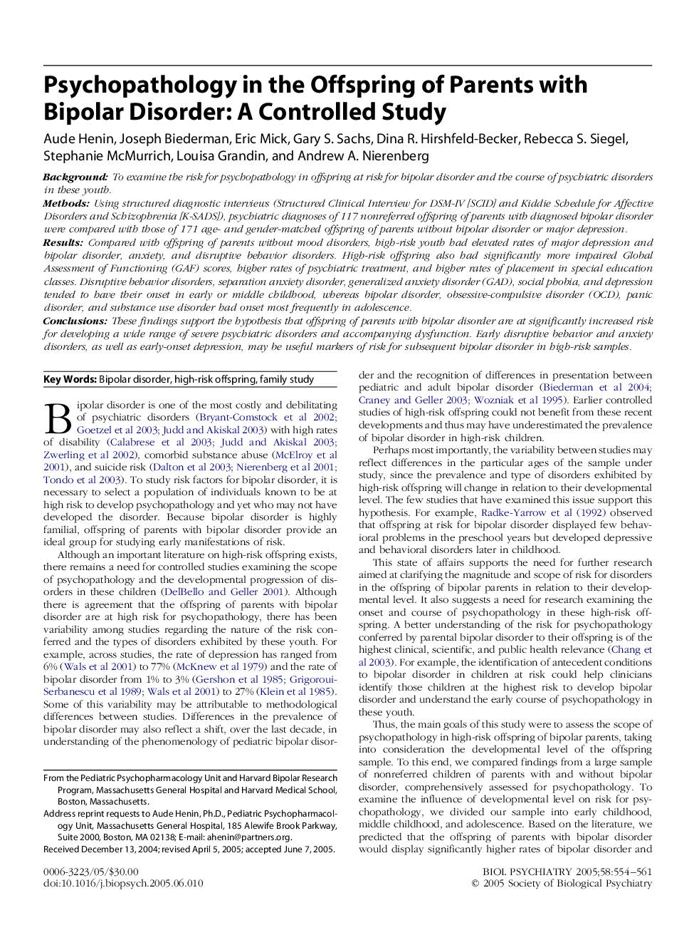 Psychopathology in the Offspring of Parents with Bipolar Disorder: A Controlled Study