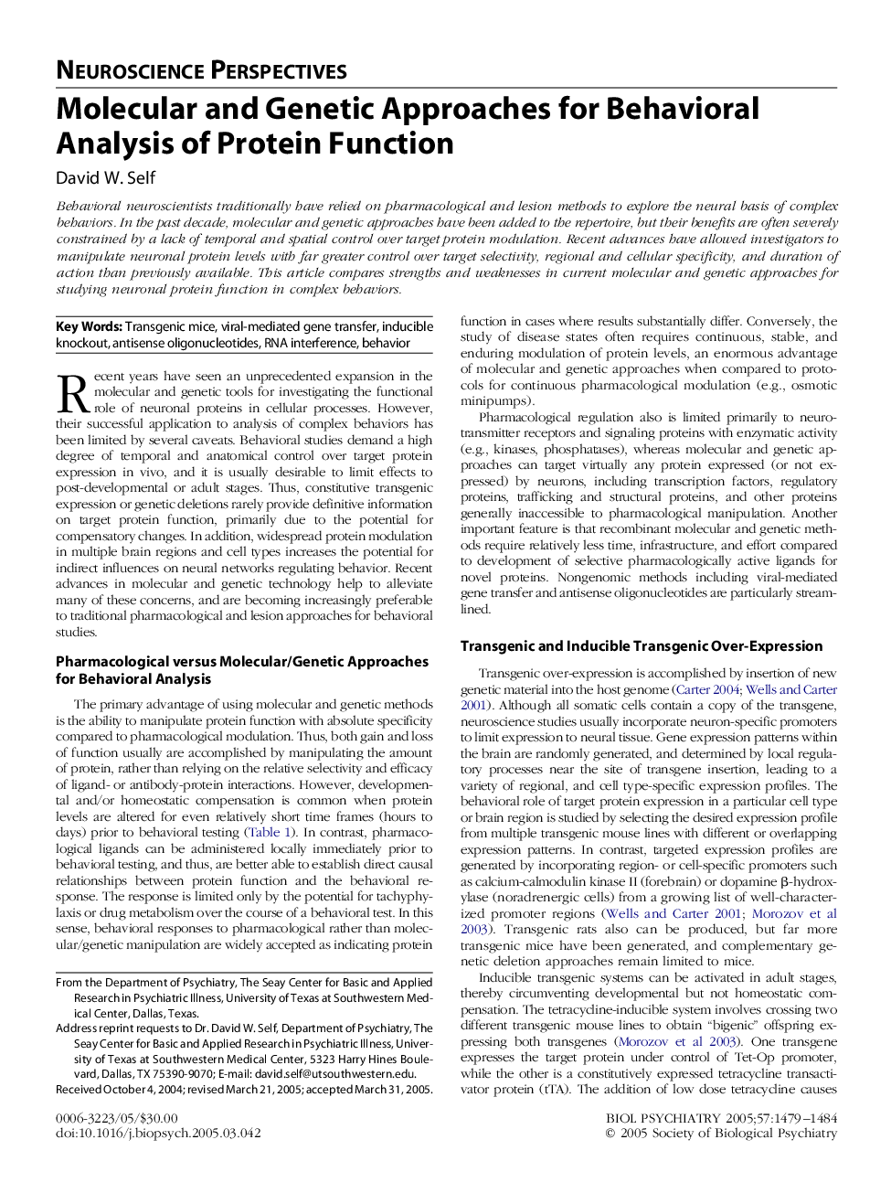 Molecular and Genetic Approaches for Behavioral Analysis of Protein Function