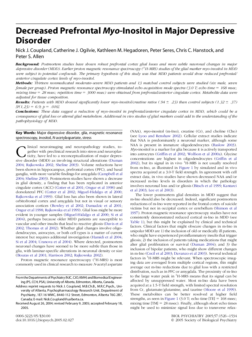 Decreased Prefrontal Myo-Inositol in Major Depressive Disorder