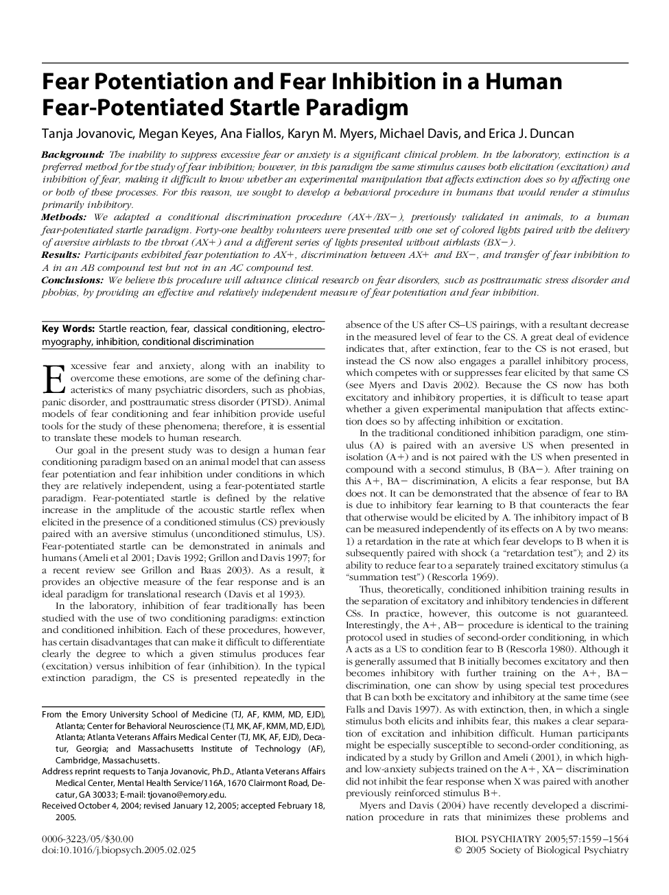 Fear Potentiation and Fear Inhibition in a Human Fear-Potentiated Startle Paradigm