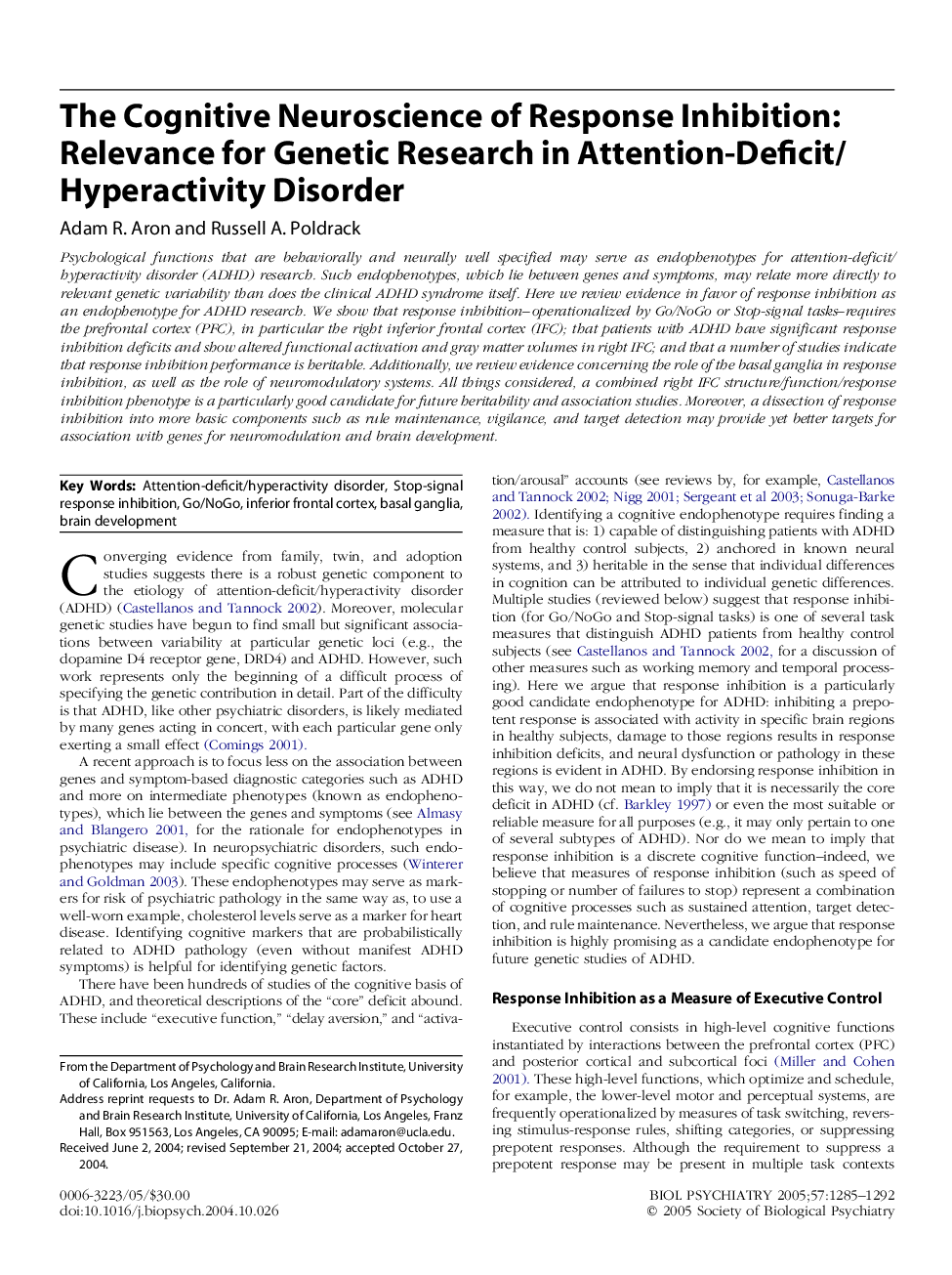 The Cognitive Neuroscience of Response Inhibition: Relevance for Genetic Research in Attention-Deficit/Hyperactivity Disorder