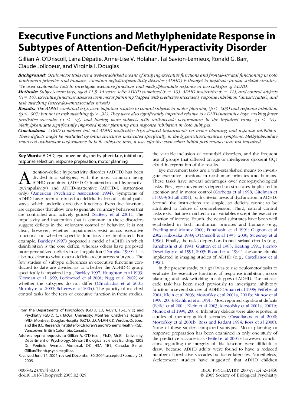 Executive Functions and Methylphenidate Response in Subtypes of Attention-Deficit/Hyperactivity Disorder