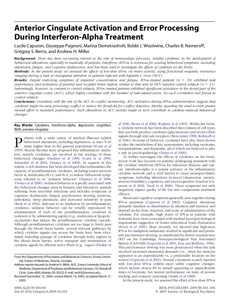 Anterior Cingulate Activation and Error Processing During Interferon-Alpha Treatment